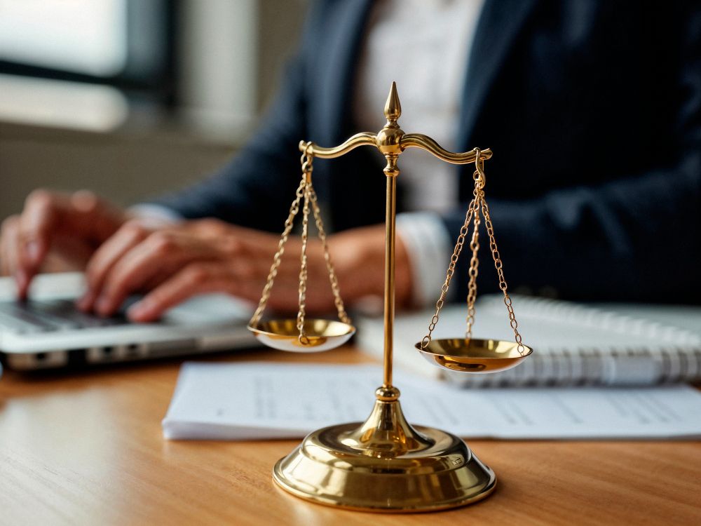 Une balance de justice posée sur le bureau d'un avocat au travail